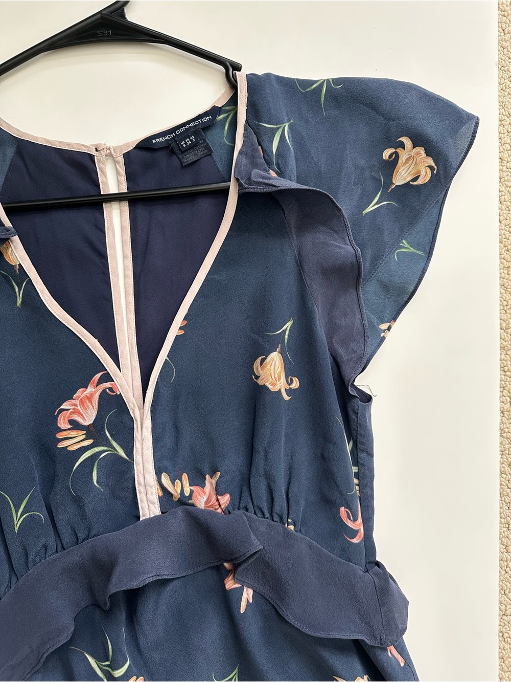 French Connection 2000s Navy Floral Maxi Dress with Pink Trim flutter sleeves